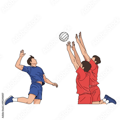 Volleyball players jumping to block spike, action shot, sports illustration