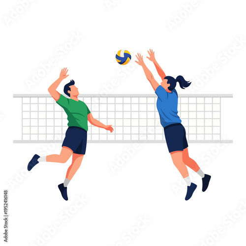 Volleyball players jumping to hit ball over net, action shot, flat design illustration