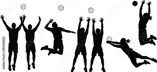 Set of volleyball player silhouettes featuring athletes jumping, spiking, blocking, and diving for the ball in various competitive sports action poses.