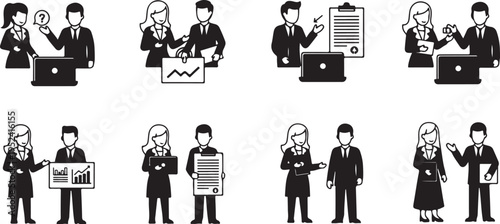Business people in various professional settings and actions illustration