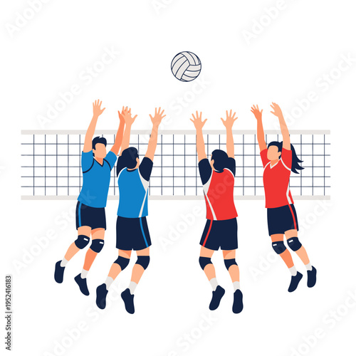 Volleyball players jumping to hit ball over net, team sport action illustration