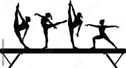 Silhouette of four female gymnasts performing artistic balance beam routines with flexibility, grace, athletic skill, and professional gymnastics competition poses.