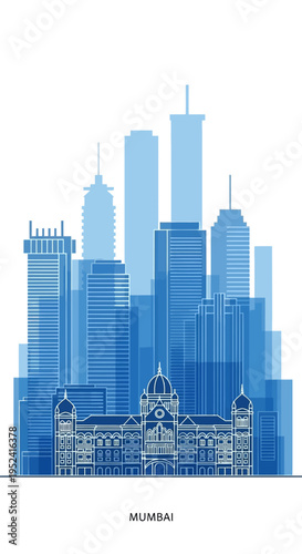 Vector illustration of blue Mumbai city skyline isolated on White Background