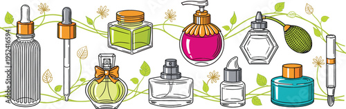 Luxury Fragrance Bottle Vector Icon Set with Perfume Sprays, Essential Oil Droppers, Glass Atomizers, and Elegant Floral Vine Borders for Beauty Branding