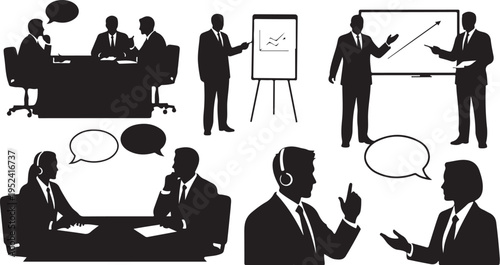 Business Communication Silhouettes in Black and White Office Settings