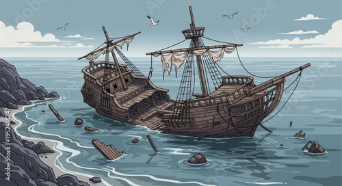 Pixel Art Shipwreck - A Detailed Depiction of a Sunken Vessel.