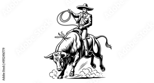 Cowboy on Bull with Lasso - A Rodeo Scene Illustration.