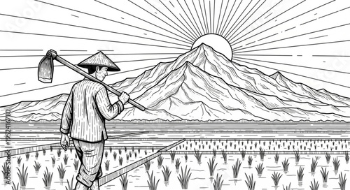 Farmer with Hoe in Rice Field - A Traditional Agricultural Scene.
