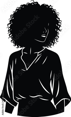 Black and white silhouette of person with voluminous curly hair, casual long‑sleeved shirt, artistic design emphasizing texture and style.