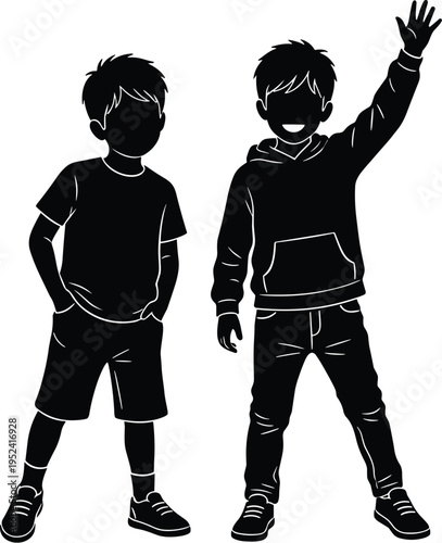 Black and white silhouette of two boys standing together, one raising arm joyfully, symbolizing friendship, playfulness, casual childhood connection.