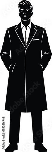 Elegant black and white silhouette illustration of a stylish person in long overcoat, hands in pockets, facing forward confidently