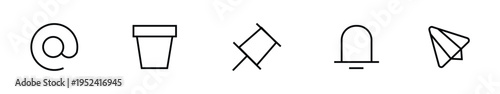 A set of five simple line icons including an at symbol, bucket, diamond, bell and paper airplane on a white background