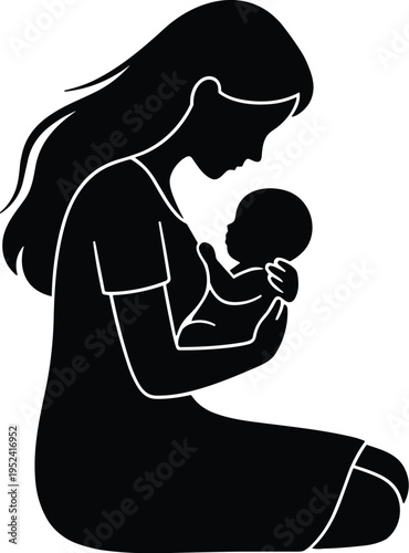 Silhouette of mother kneeling tenderly, cradling baby in arms, symbolizing love, care, bonding, motherhood, affection, and emotional connection