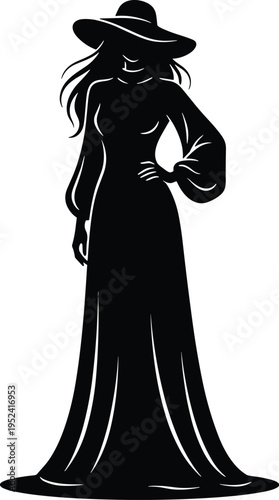 Stylish black and white silhouette of confident woman in flowing dress and wide‑brimmed hat, elegant fashion‑forward artistic representation