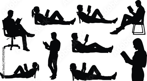 Silhouette of people reading books in different poses including sitting on chairs, lying down, standing, and relaxing for education and hobby.