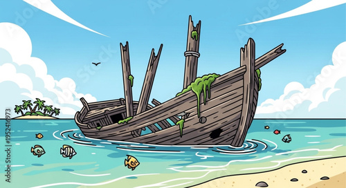 Cartoon Shipwreck Scene with Fish and Ocean Waves.