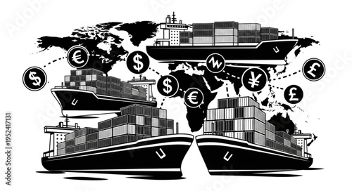 Global Trade and Currency Exchange with Cargo Ships.