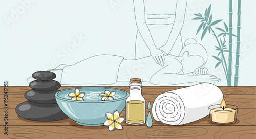 Spa Day Essentials - Stones, Oil, Towel, and Floral Water.