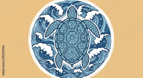 Vector sea turtle illustration with wave design isolated on White Background