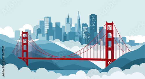 Vector illustration of Golden Gate Bridge San Francisco city skyline isolated on White Background