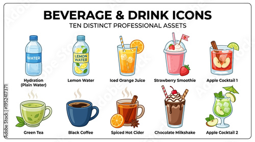 Collection of ten distinct professional beverage and drink icons for design assets