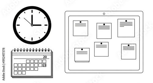 Clock, Calendar, and Bulletin Board - Time Management and Organization.