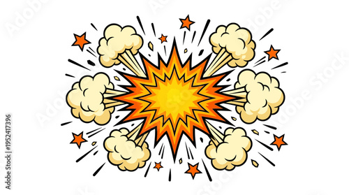 Vibrant cartoon explosion with radiating energy and smoky impact effect illustration