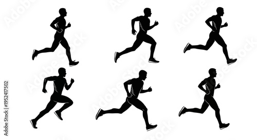 Runner Silhouette Sequence: Male Athlete in Motion, Six Stages of Running Stride
