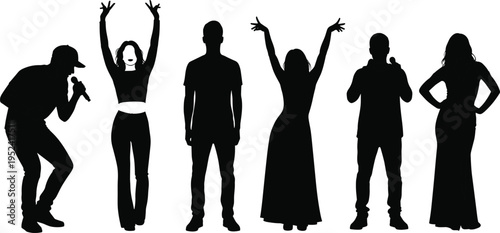 Silhouette people standing in row, diverse human poses, dancing, singing, celebration, fashion, performance, individuality, teamwork, unity, lifestyle, art