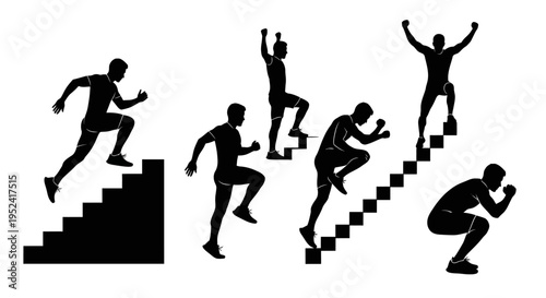 Silhouette of Man Climbing Stairs, Fitness and Success Concept