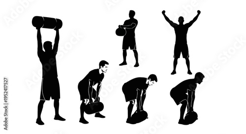 Silhouette of man performing various weightlifting exercises with kettlebell and sandbag