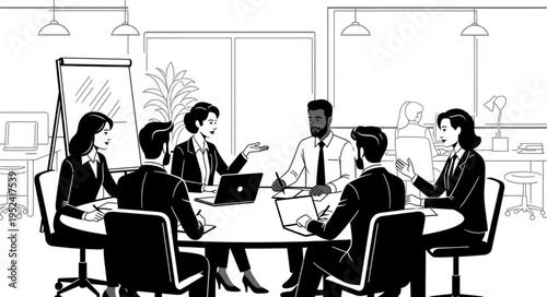 Diverse team collaborating around a conference table in a modern office setting.