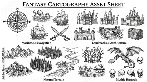 Fantasy Cartography Asset Sheet Nautical, Architectural, and Natural Elements for Map Creation