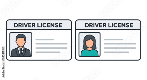 Modern flat design icons representing official driver's licenses for male and female individuals, essential for personal identification and driving privileges