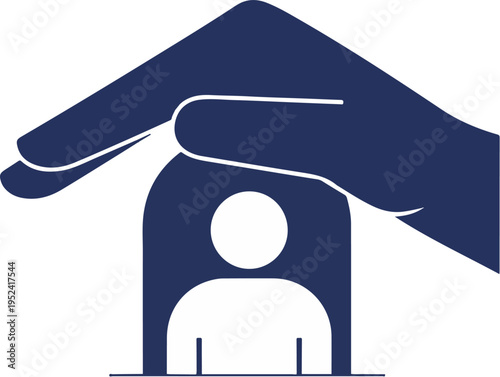 Symbolic illustration of a protective hand sheltering a house containing a silhouette of a person, representing security, care, and safety
