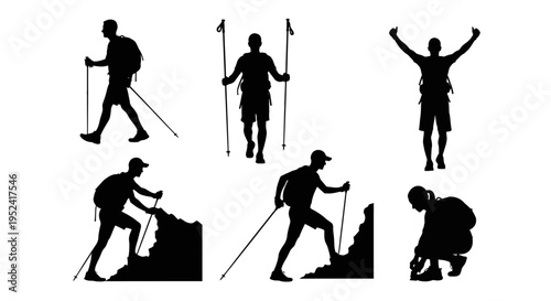 Silhouette Hikers Set: Climbing, Walking, Success Poses