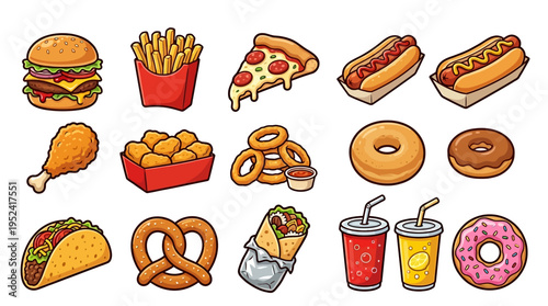 Delicious assortment of popular fast food items and unhealthy snacks, perfect for quick cravings and indulgent treats