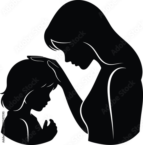 Silhouette mother placing hand on child's head vector design