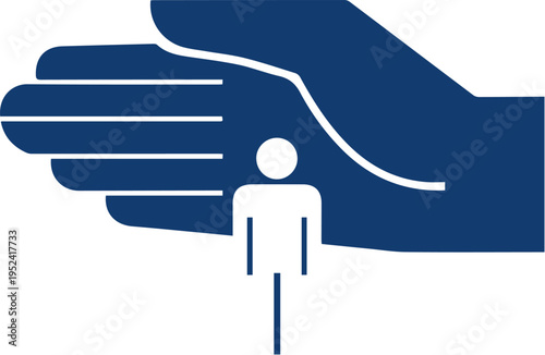 Symbolic blue hand offering protective shelter and supportive care to a small stick figure, representing human aid, security, and social welfare for individuals