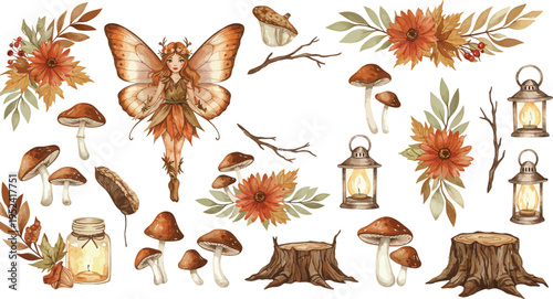 Autumn forest elements with butterfly mushrooms lanterns and leaves on white background