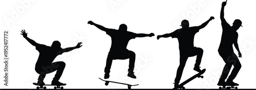 Skateboarder Silhouette Set, Skateboard Tricks Vector, Ollie Jump Poses, Extreme Sports Action, Urban Youth Culture, Skating Figures, Professional Skateboarding Icons.