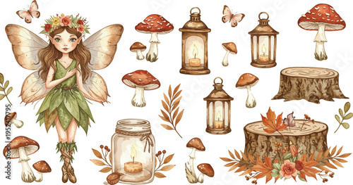 Whimsical fairy surrounded by glowing mushrooms and lanterns in forest setting with tree stump and jar