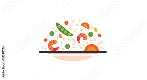 A simple, colorful, flat-design illustration shows a plate of fried rice with shrimp, peas, carrots, and a pea pod. The plate is stylized