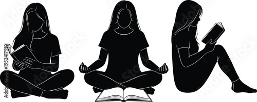 Woman silhouette sitting and reading book, meditating in yoga pose, girl studying with open book, female character vector, mindfulness education, wellness.