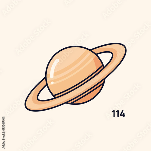 A cartoon depiction of a ringed planet with a peachy hue and dark outlines. A numeral "114" is at the bottom right