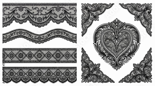 Elaborate Black Lace Borders and Corner Embellishments, Intricate Victorian Designs
