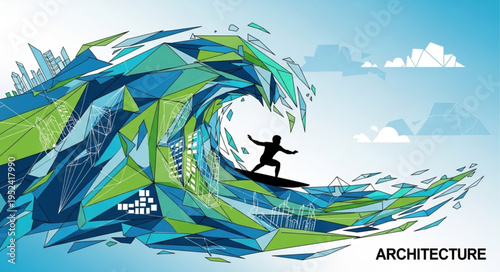Silhouette of a Surfer Riding a Geometric Wave Illustration.