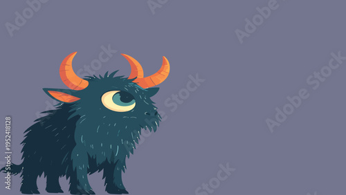 Cute fantasy monster vector illustration with big eye and curved orange horns, fluffy dark fur creature character design, minimal flat style cartoon on pastel background.