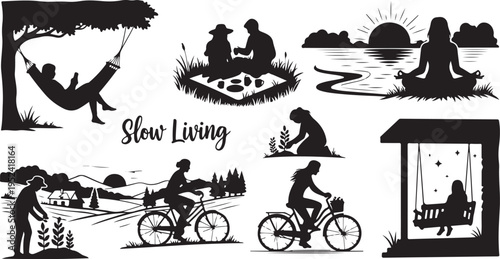 People enjoying slow living lifestyle in nature scenes
