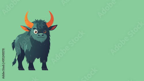 Cute horned fantasy animal vector illustration with fluffy fur and friendly face, cartoon yak like creature character design in flat style on soft green background.